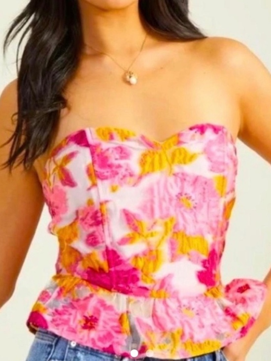 Altar'd State Tops - NWT Altar’d State Colorful Strapless Pink Floral Corset Bustier Peplum Top. Sz M